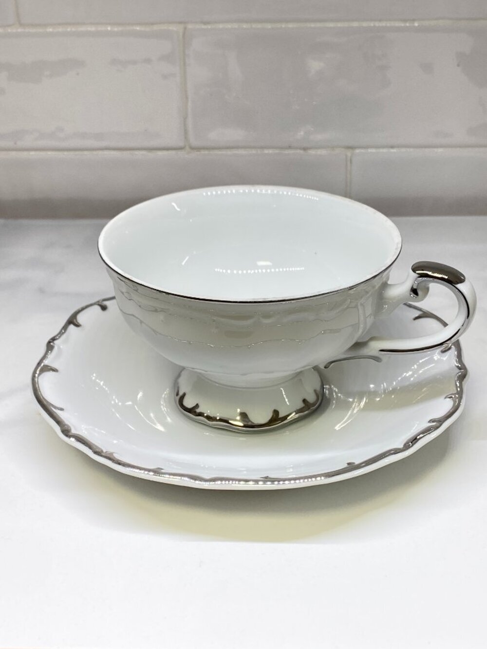 Vintage Bristol Fine China Tea Cup Saucer Set Nativity S-3213 Japan Platinum Tri